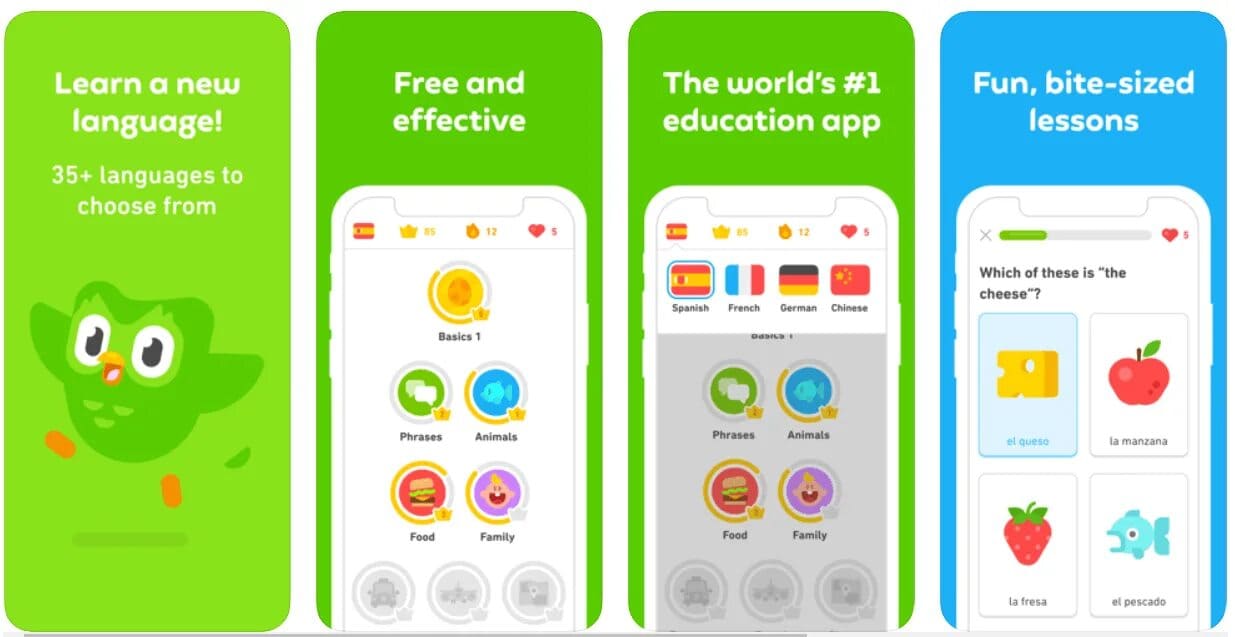 Language course selection screen